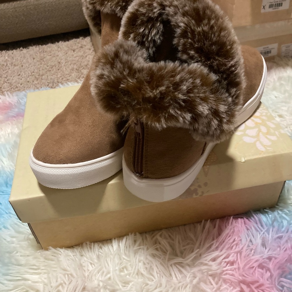 Tan faux fur sneakers